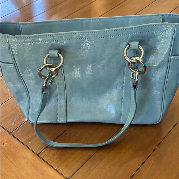 Coach Light Blue Leather Tote Bag Polished Ring Hardware Shoulder Purse - Picture 5 of 6
